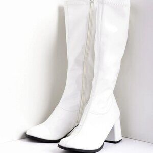 NEW Gogo Disco White Boots Full Side Zip Stretchy Block Heel sz 11